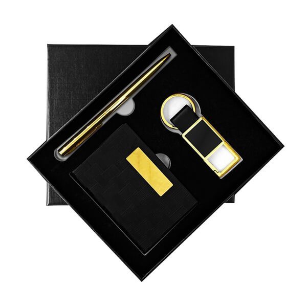 This set is great option as a gift to your guests; this set includes one pen, key chain and business card holder. You can either have your logo screen printed or laser engraved.